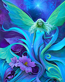 Fairy art with ethereal green wings standing among purple flowers and foliage at twilight by Primal Painter