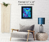 Fairy art with ethereal green wings standing among purple flowers and foliage at twilight by Primal Painter matted and framed on a wall over a chair