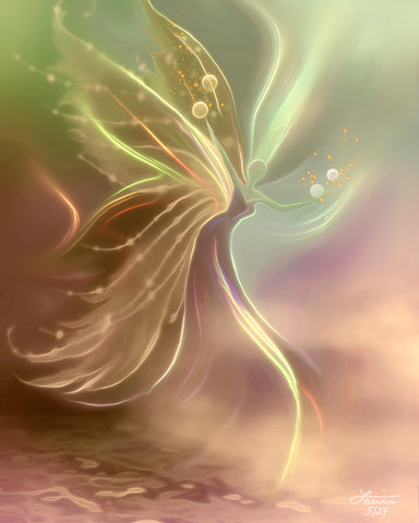 Ethereal fairy art print with wispy elaborate wings and holding energy orbs against a mossy green and dusty plum background.