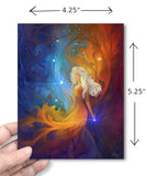 Greeting card featuring art by Primal Painter called Nebula in blue, orange, and red of a goddess with long white hair and swirls of energy against a starry sky with dimensions