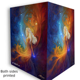 Greeting card featuring art by Primal Painter called Nebula in blue, orange, and red of a goddess with long white hair and swirls of energy against a starry sky printed on both sides