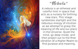 Greeting card featuring art by Primal Painter called Nebula in blue, orange, and red of a goddess with long white hair and swirls of energy against a starry sky with uplifting meaning