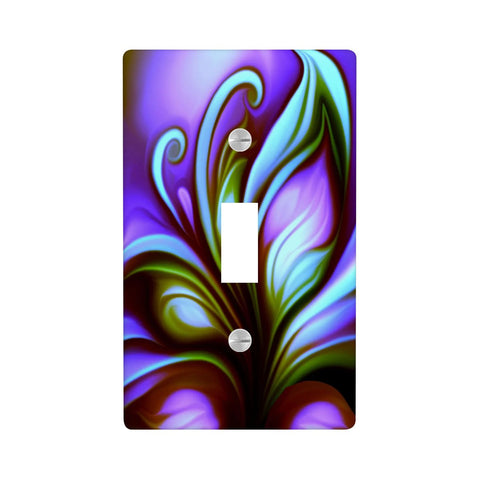 Single switch plate cover featuring vivid purple and blue abstract art by Primal Painter in the form of a butterfly