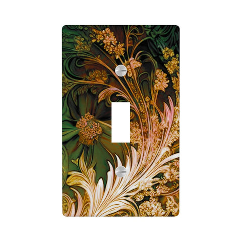 Victorian floral art in green, ivory, and rust printed on a single switch plate. Artwork by Primal Painter