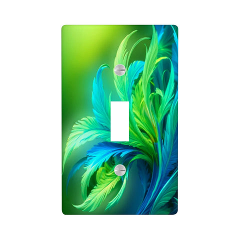 Feathery foliage artwork in vivid green and blue by Primal Painter printed on a singled switch plate