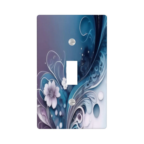 Art Nouveau floral abstract art by Primal Painter in deep blue, pink, pale purple, and white with flourishes and printed on a single switch plate cover. 