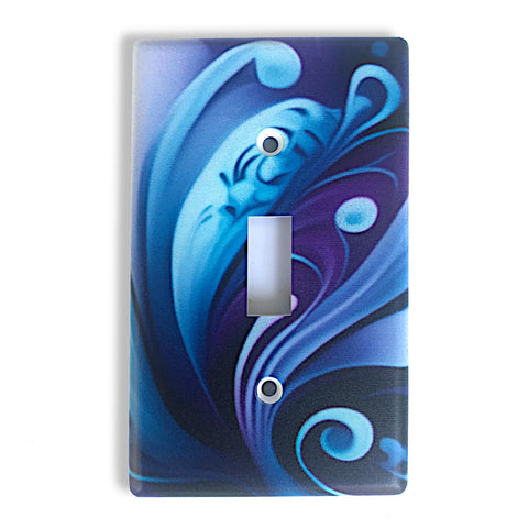 single switch plate featuring an art nouveau design by Primal Painter with bright  blue flourishes contrasted with a purple background.