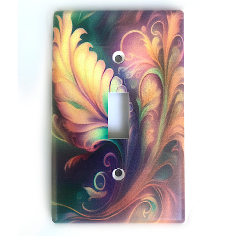 feathery art nouveau design by Primal Painter printed on a single switch plate in peach, green and gold colors.